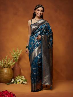 Garden VARELI - Women Navy Blue Art Silk Woven Design Saree with Unstitched Blouse