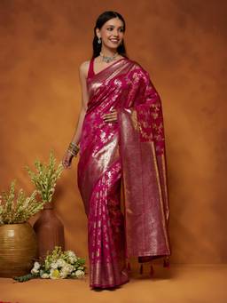 Garden VARELI - Women Pink Art Silk Woven Design Saree with Unstitched Blouse
