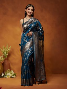 Garden VARELI - Women Navy Blue Art Silk Woven Design Saree with Blouse Piece