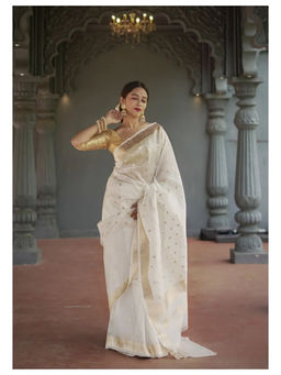 FLOSIVE - Womens Stylish Cotton Saree with Blouse Piece White