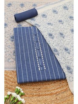 Soch - Womens Indigo Cotton Striped Unstitched Top and Bottom with Dupatta