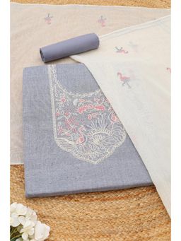 Soch - Womens Powder Blue Cotton Bird Motifs Unstitched Top and Bottom with Dupatta