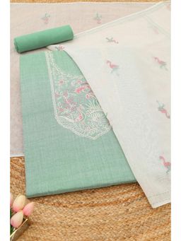 Soch - Womens Sap Green Cotton Bird Motifs Unstitched Top and Bottom with Dupatta