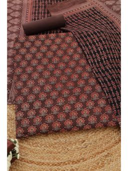 Soch - Womens Brown Cotton Ajrak Unstitched Top and Bottom with Dupatta