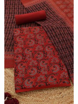 Soch - Womens Red Cotton Ajrak Unstitched Top and Bottom with Dupatta