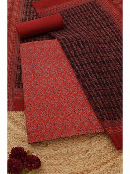 Soch - Womens Red Cotton Ajrak Unstitched Top and Bottom with Dupatta