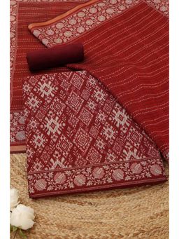 Soch - Womens Red Maheshwari Silk Ikat Print Unstitched Top and Bottom with Dupatta