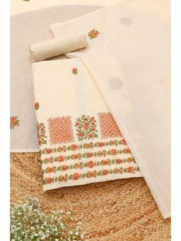 Soch - Womens Cream Linen Botanical Kantha Embroidered Unstitched Top and Bottom with Dupatta