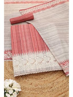 Soch - Womens Rust Tussar Striped Unstitched Top and Bottom with Dupatta