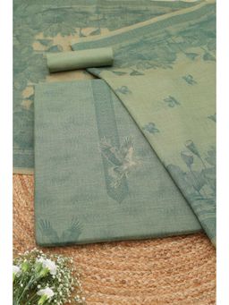 Soch - Womens Green Chanderi Bird Motifs Woven Unstitched Top and Bottom with Dupatta