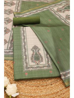 Soch - Womens Olive Tussar Botanical Printed Unstitched Top and Bottom with Dupatta