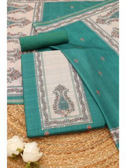 Soch - Womens Turquoise Blue Tussar Botanical Printed Unstitched Top and Bottom with Dupatta