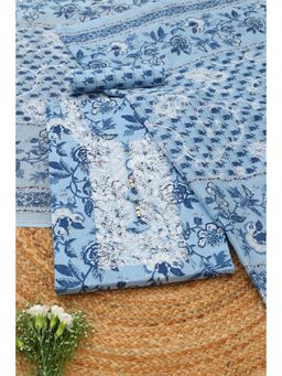 Soch - Womens Powder Blue Cotton Botanical Printed Unstitched Top and Bottom with Dupatta