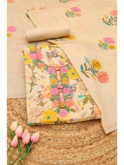 Soch - Womens Cream Modal Silk Floral Unstitched Top and Bottom with Dupatta