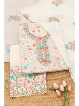 Soch - Womens Cream Cotton Floral Printed Unstitched Top and Bottom with Dupatta