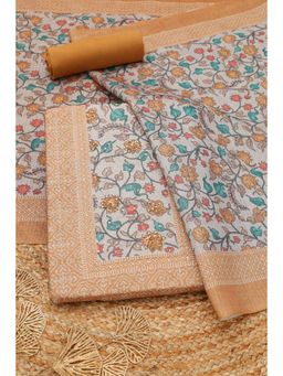 Soch - Womens Mustard Art Tussar Botanical Printed Unstitched Top and Bottom with Dupatta