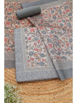 Soch - Womens Grey Art Tussar Botanical Printed Unstitched Top and Bottom with Dupatta