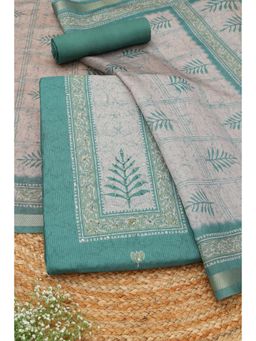 Soch - Womens Teal Art Tussar Botanical Printed Unstitched Top and Bottom with Dupatta