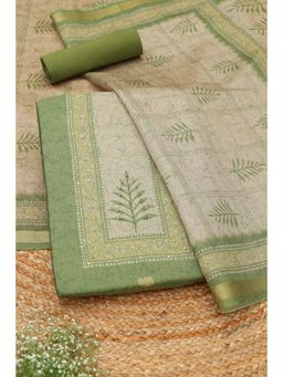 Soch - Womens Green Art Tussar Botanical Printed Unstitched Top and Bottom with Dupatta