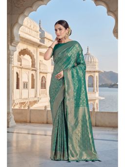 Monjolika Fashion - Teal Banarasi Soft Silk Saree With Blouse Piece