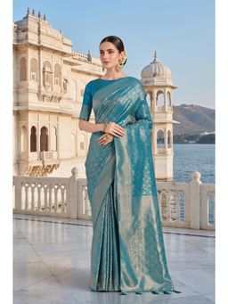 Monjolika Fashion - Dusty Cyan Banarasi Soft Silk Saree With Blouse Piece