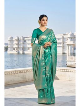 Monjolika Fashion - Turquoise Banarasi Soft Silk Saree With Blouse Piece