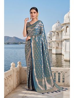 Monjolika Fashion - Cyan Blue Banarasi Soft Silk Saree With Blouse Piece