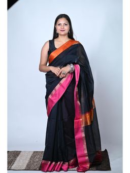 Biyahuti - Womens Black Maheshwari Cotton Silk Handloom Saree With Unstitched Blouse