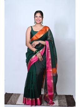 Biyahuti - Womens Bottle Green Maheshwari Cotton Silk Handloom Saree With Unstitched Blouse
