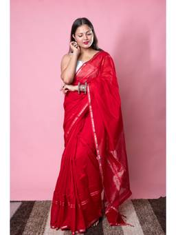 Biyahuti - Womens Red Maheshwari Cotton Silk Handloom Saree With Unstitched Blouse
