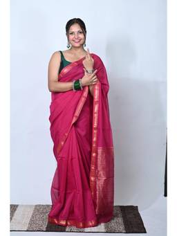 Biyahuti - Womens Rani Pink Maheshwari Cotton Silk Handloom Saree With Unstitched Blouse
