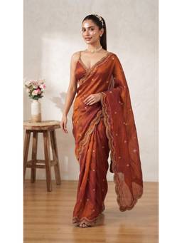 FLOSIVE - Womens Premium Fancy Satin Silk Saree Collection Orange