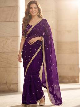 FLOSIVE - Space Satin Multi Sequence Work Saree for Women Purple