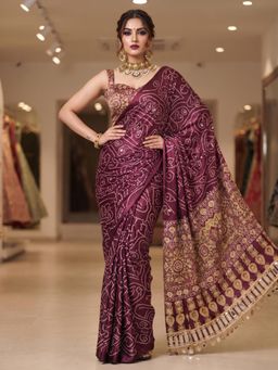 FLOSIVE - Womens Premium Ajrakh Satin Viscose Silk Saree Purple