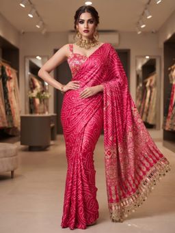 FLOSIVE - Womens Premium Ajrakh Satin Viscose Silk Saree Pink