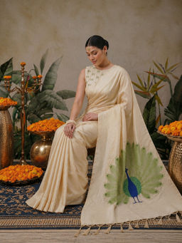 Silk Land - Womens Soft Silk Saree With Designer Pallu And Printed Unstitched Blouse Beige