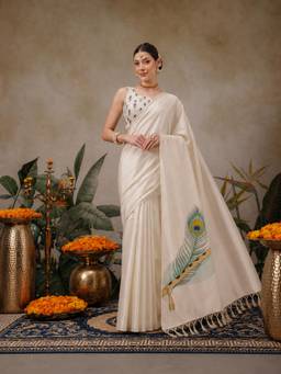 Silk Land - Womens Soft Silk Saree With Designer Pallu And Printed Unstitched Blouse Off White