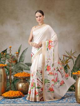 Silk Land - Animal And Floral Digital Printed Tussar Silk Saree With Digital Printed Unstitched Blouse