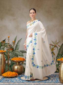Silk Land - Soft Silk Kasavu Type Floral Saree With Digital Printed Unstitched Blouse
