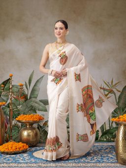 Silk Land - Kathakali Mural Printed Kerla Kasavu Art Silk Saree With Printed Blouse