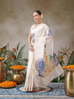 Silk Land - Onam Special Kerla Kasavu Mural Printed Art Silk Saree With Printed Unstitched Blouse
