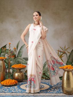 Silk Land - Floral Printed Onam Inspired Kasavu Saree With Printed Blouse