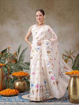 Silk Land - Floral Printed Onam Inspired Kasavu Saree With Printed Unstitched Blouse