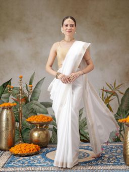 Silk Land - Onam Special Golden Border Solid Art Silk Kasavu Saree With Printed Blouse