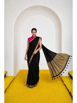 Silk Land - Womens Cotton Silk Saree With Rich Zari and Tassels Black