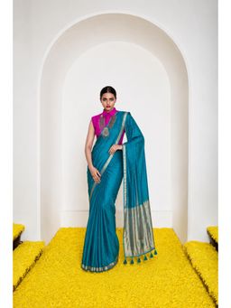 Silk Land - Womens Cotton Silk Saree With Rich Zari and Tassels Teal