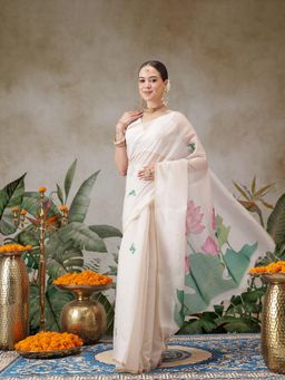 Silk Land - Onam Inspired Lotus And Checks Printed Chanderi Kasavu Saree With Printed Blouse