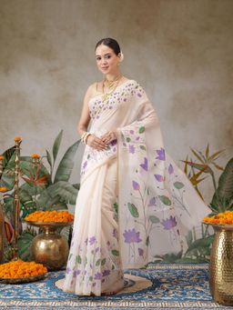 Silk Land - Onam Inspired Floral Printed Chanderi Kerla Cotton Saree With Printed Blouse