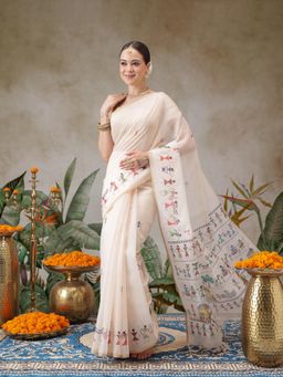 Silk Land - Warli Printed Cotton Blend Chanderi Saree With Printed Unstitched Blouse