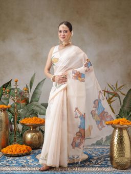 Silk Land - Chanderi Cotton Mango Printed Unique Saree With Printed Blouse Piece